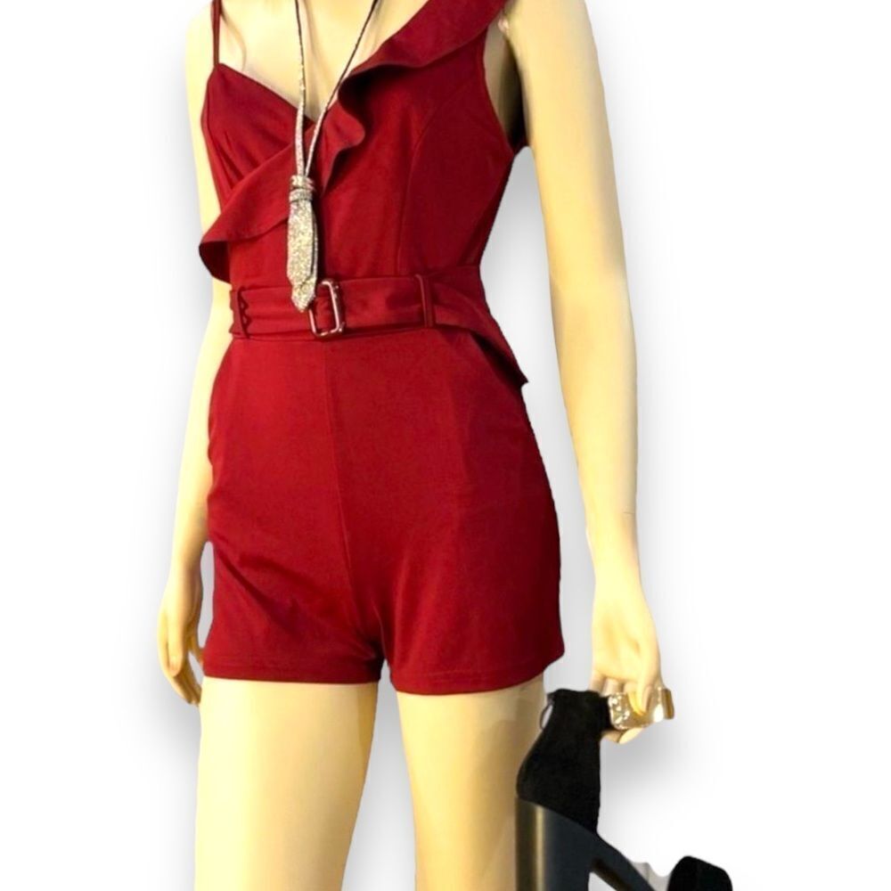 Sleeveless V Neck Ruffle Straps Pockets Romper Shorts Outfit Set NEW